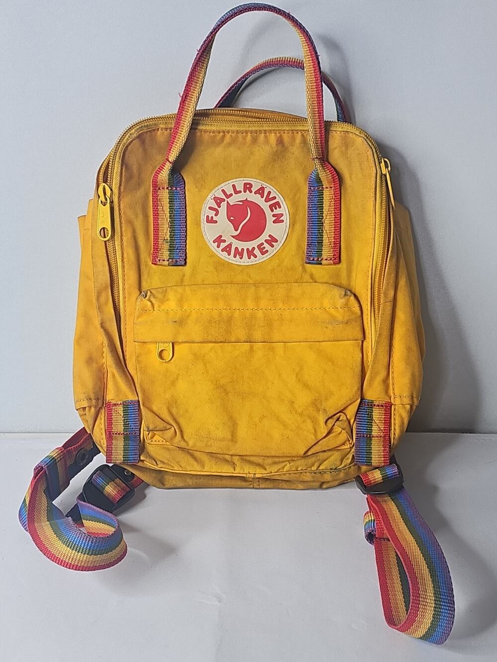 FjallRaven Kanken Yellow Backpack Rainbow Straps